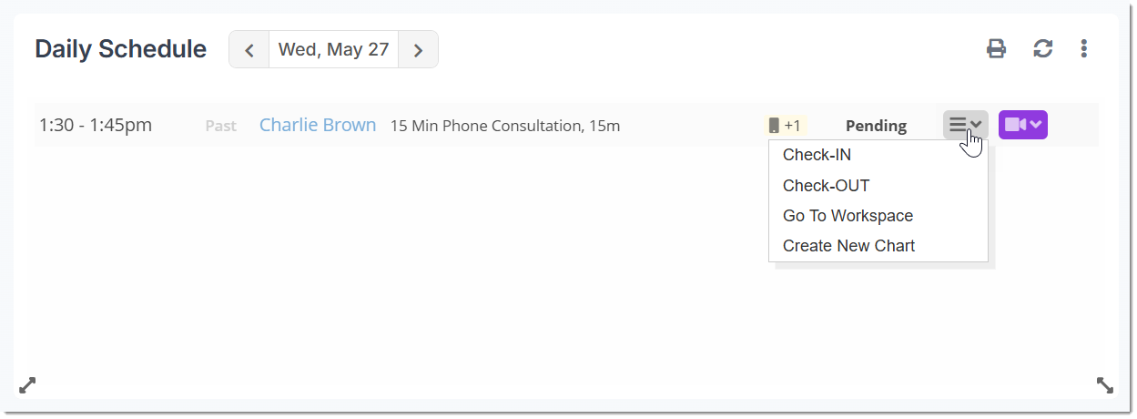 This is an image of the daily schedule dashboard card. You can see the contents of the drop-down menu that appears when you click on the grey drop-down button to the right of one appointment. 